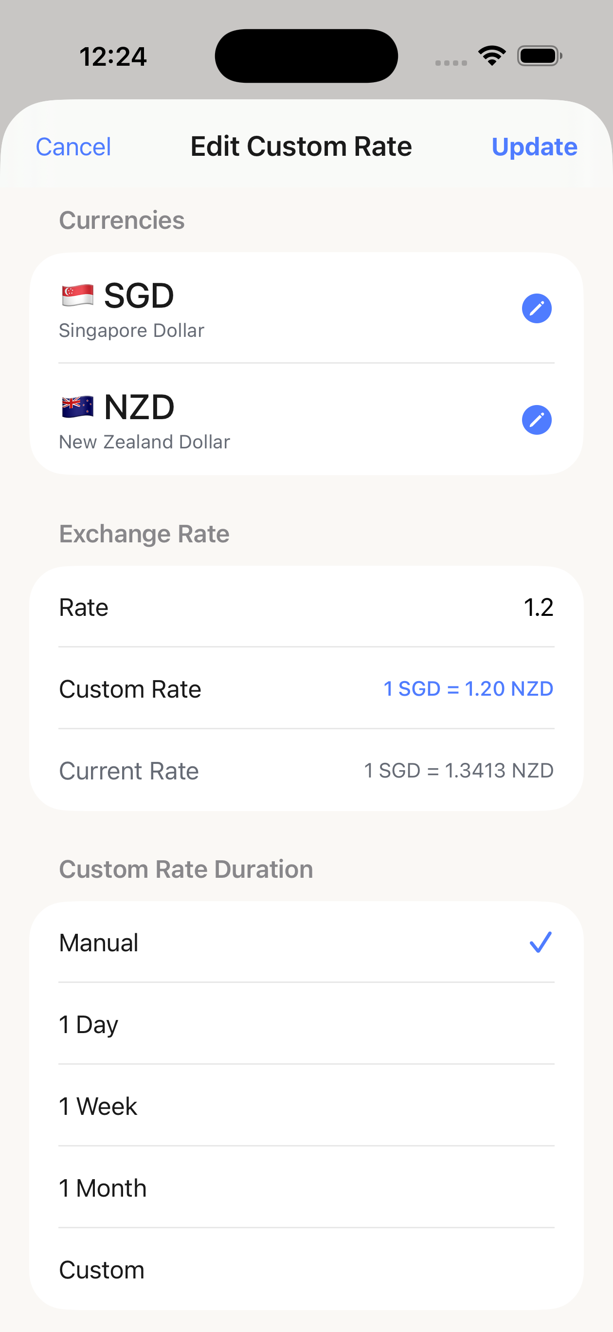Custom exchange rate editor