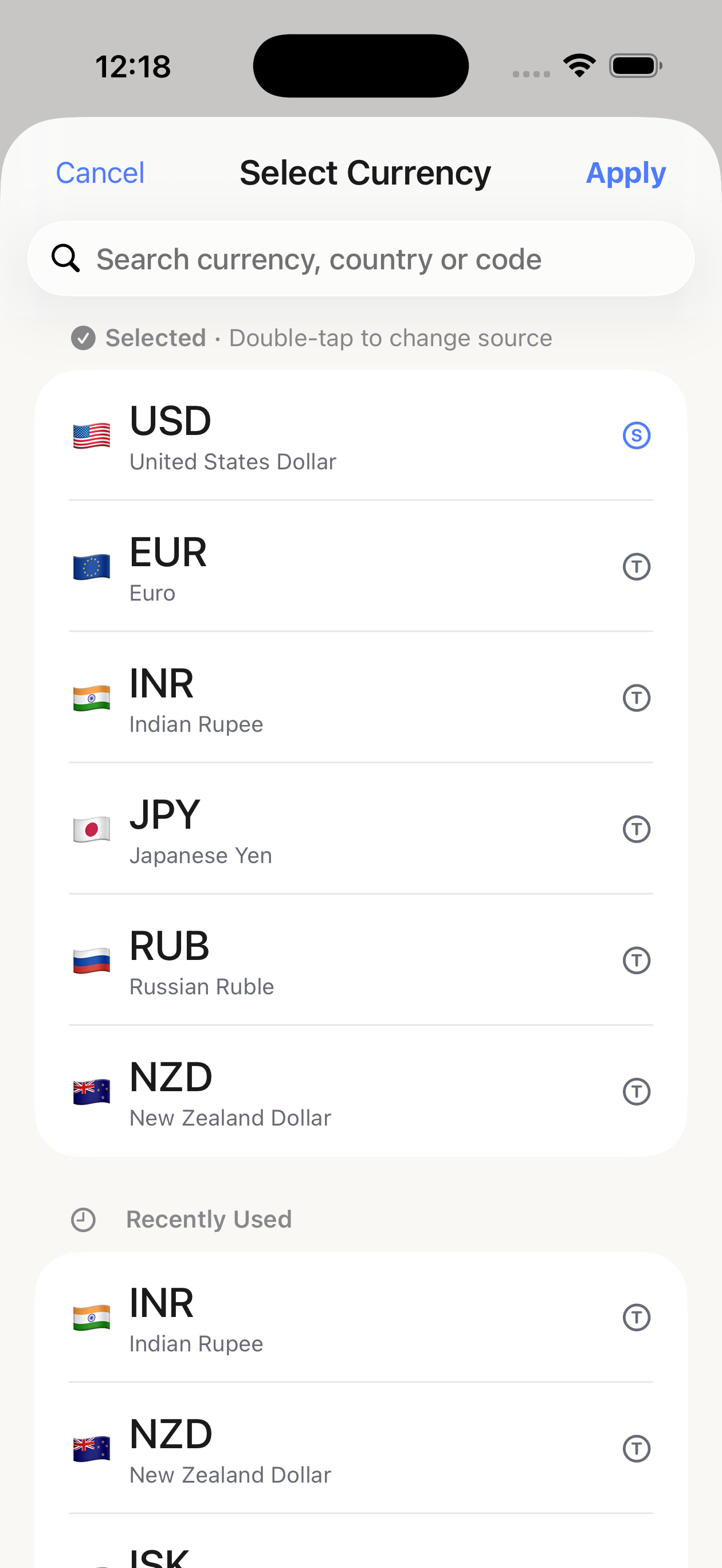 Currency search and selection screen