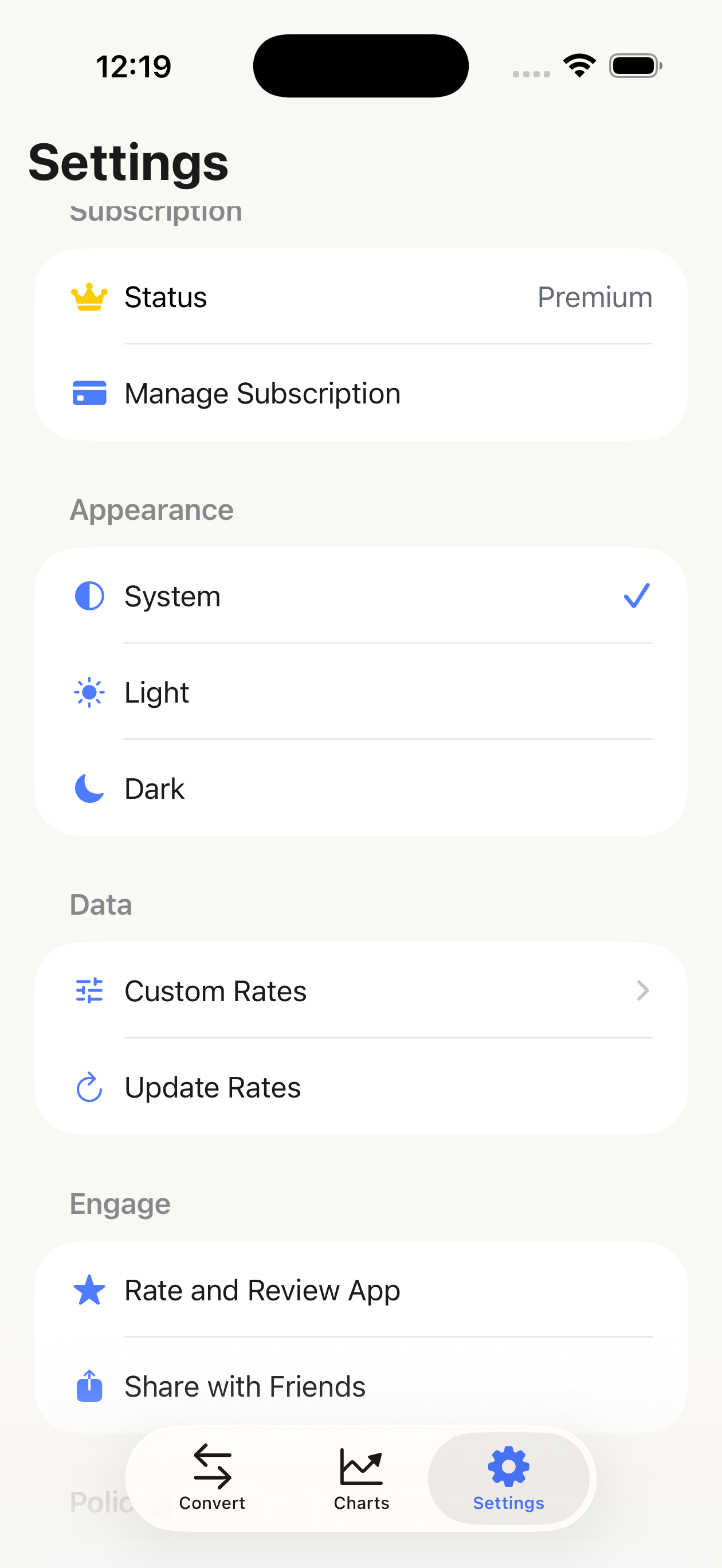 Settings screen with appearance and subscription options